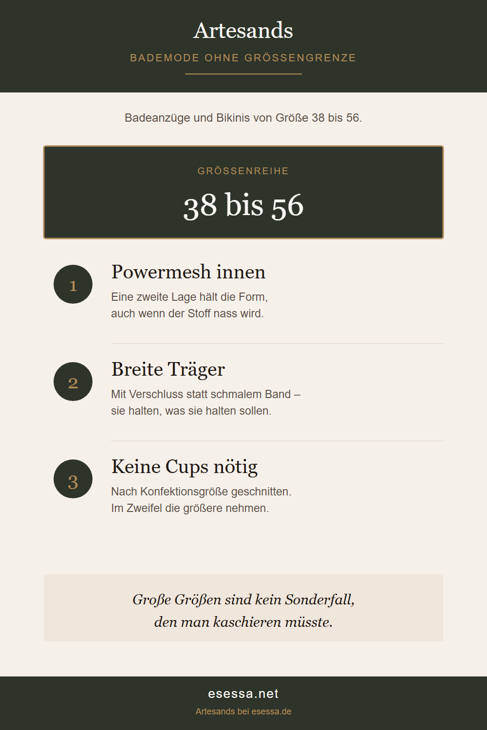 Markenporträt Artesands mit der Größenreihe 38 bis 56 und drei Punkten zu Powermesh, Trägern und Größenwahl.