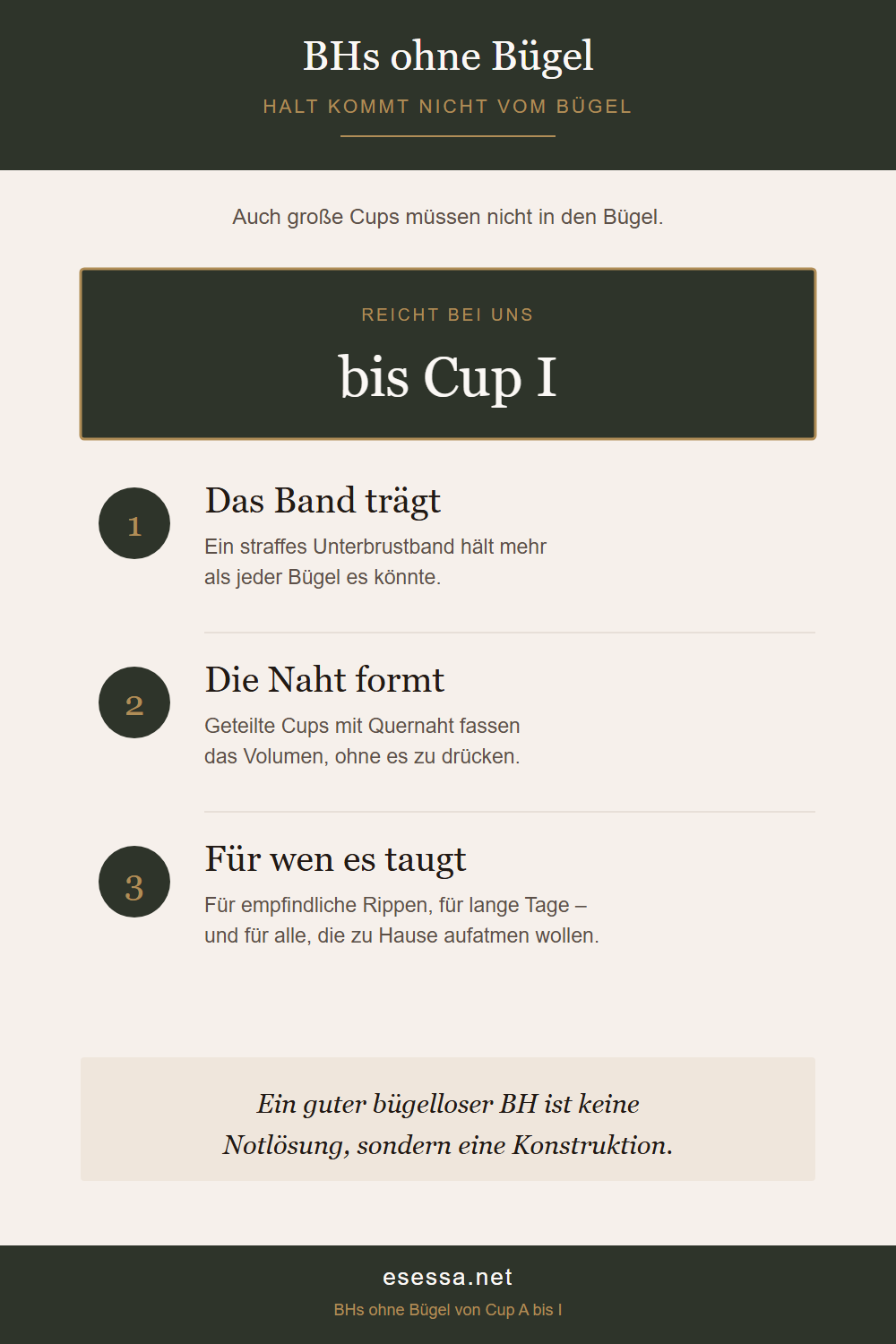 Grafik zu bügellosen BHs mit der Angabe bis Cup I und drei Punkten dazu, woher der Halt kommt.