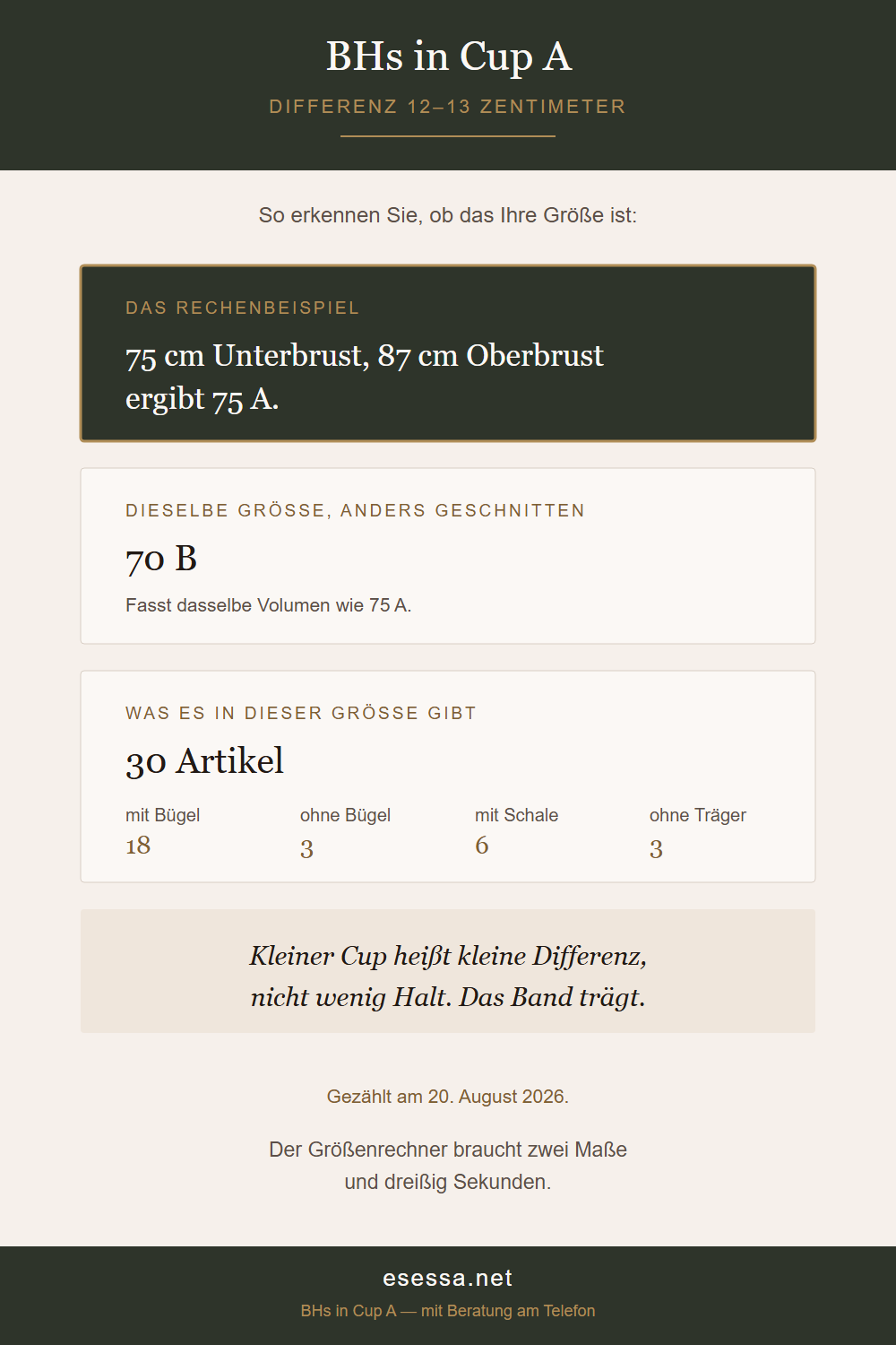 Grafik zu Cup A mit Rechenbeispiel, den Schwestergrößen und der Zahl der Artikel je Bauart.