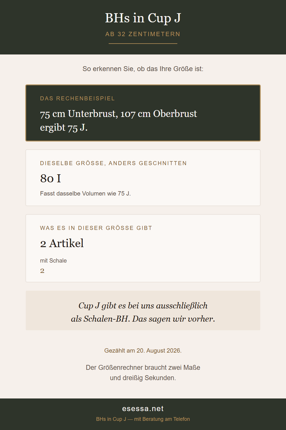 Grafik zu Cup J mit Rechenbeispiel, den Schwestergrößen und der Zahl der Artikel je Bauart.