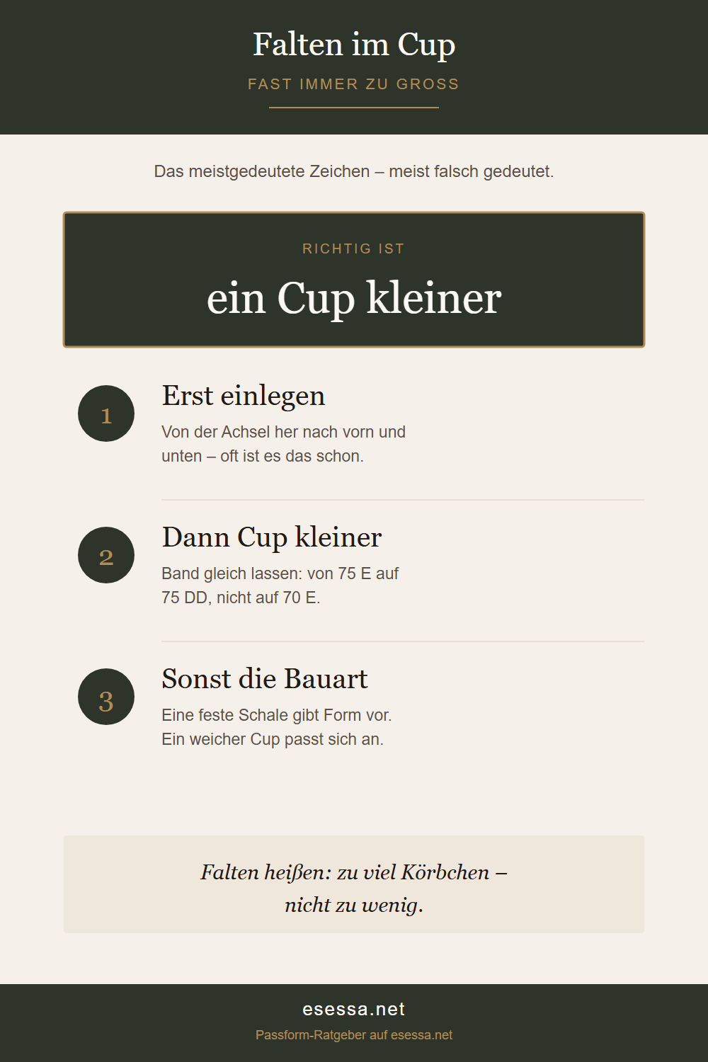 Symptom, Ursache und Lösung bei Falten im BH-Körbchen: fast immer ein zu großer Cup.