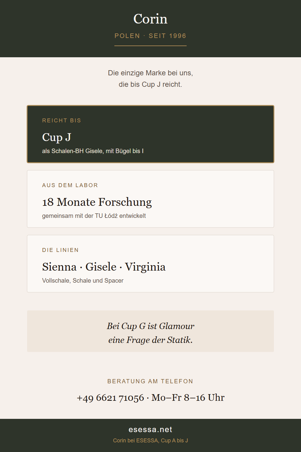 Markenporträt Corin aus Polen mit den Angaben bis Cup J und den Linien Sienna, Gisele und Virginia.