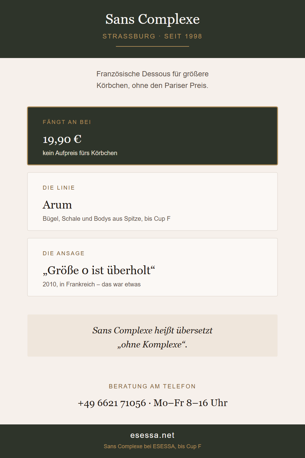 Markenporträt Sans Complexe aus Straßburg mit Preis ab 19,90 Euro und der Arum-Linie bis Cup F.